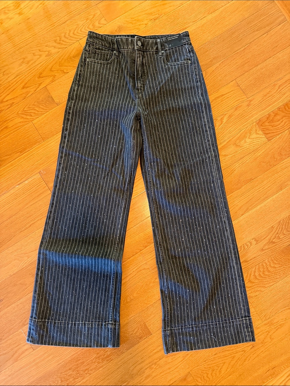 White House Black Market Black Pinstripe Wide Leg Jeans with rhinestones
